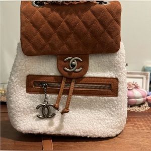 Mini backpack, white sherpa, brown leather. New. Designer inspired.